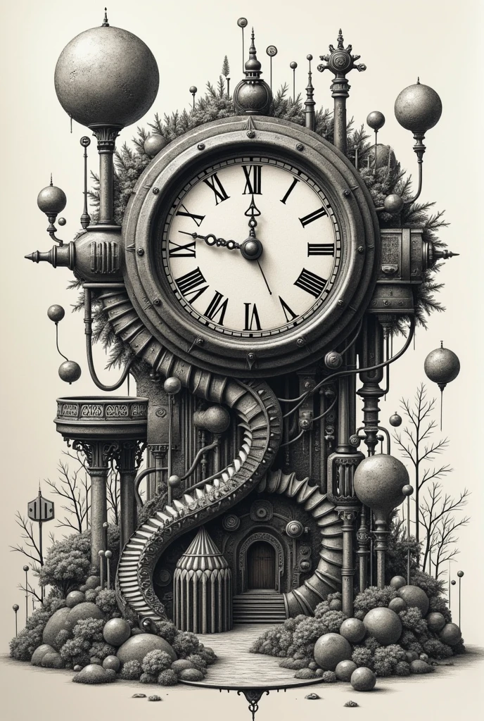  There is a picture of a clock surrounded by various objects, detailed Steampunk illustration,  highly detailed surrealism art ,  Dieselpunk biological life , Etching illustration,  Delicate ink drawing details ,  Detailed Ink Illustration , Steampunk illustration, Exquisite ink painting , Complex biopunk pattern,  Highly detailed illustrations , Black and white illustration,  ink artwork , Ovarian Machinery,  inspired by Santiago Caruso 