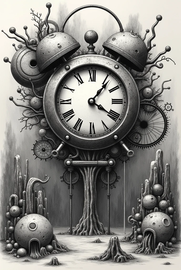  There is a picture of a clock surrounded by various objects, detailed Steampunk illustration,  highly detailed surrealism art ,  Dieselpunk biological life , Etching illustration,  Delicate ink drawing details ,  Detailed Ink Illustration , Steampunk illustration, Exquisite ink painting , Complex biopunk pattern,  Highly detailed illustrations , Black and white illustration,  ink artwork , Ovarian Machinery,  inspired by Santiago Caruso 