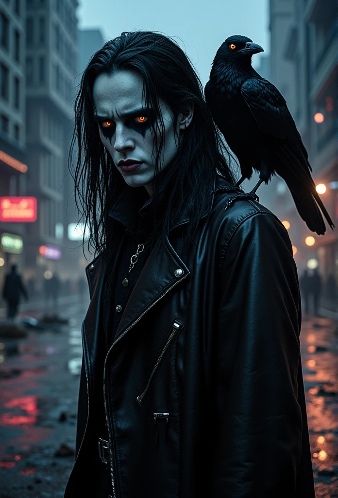 ((masterpiece)) ((photography)) ((Highest quality))  A hyper-detailed cinematic illustration of "The Crow," a gothic character with a pale white face, dark, dramatic makeup, and long flowing black hair. He stands in a dark, modern city at night, illuminated by flickering neon lights and the glow of wet streets reflecting the colors. His leather outfit is sleek and detailed, with subtle gothic elements and metallic accents. A black crow is perched on his shoulder, its sharp eyes glowing faintly, adding to the ominous atmosphere. Skyscrapers and urban decay surround him, with shadows and light creating a moody, cinematic feel. The scene exudes a blend of gothic mystery and modern urban grit.