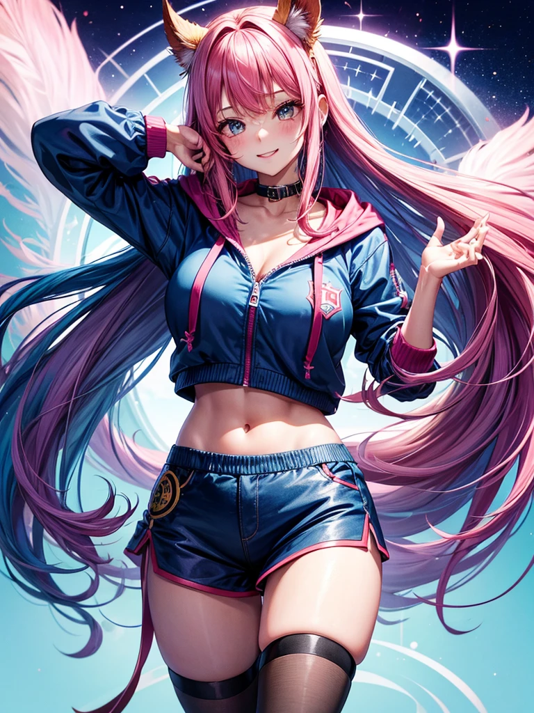 (Anime art style illustration), woman, informal, hoodie, hood, (rainbow hair:1.3), short hair, cute face, beautiful eyes, standing on the dance floor, colored dance floor, leggings, visible panties, shy, disco, hood on the head, (rainbow-colored hair), (open deep cleavage).