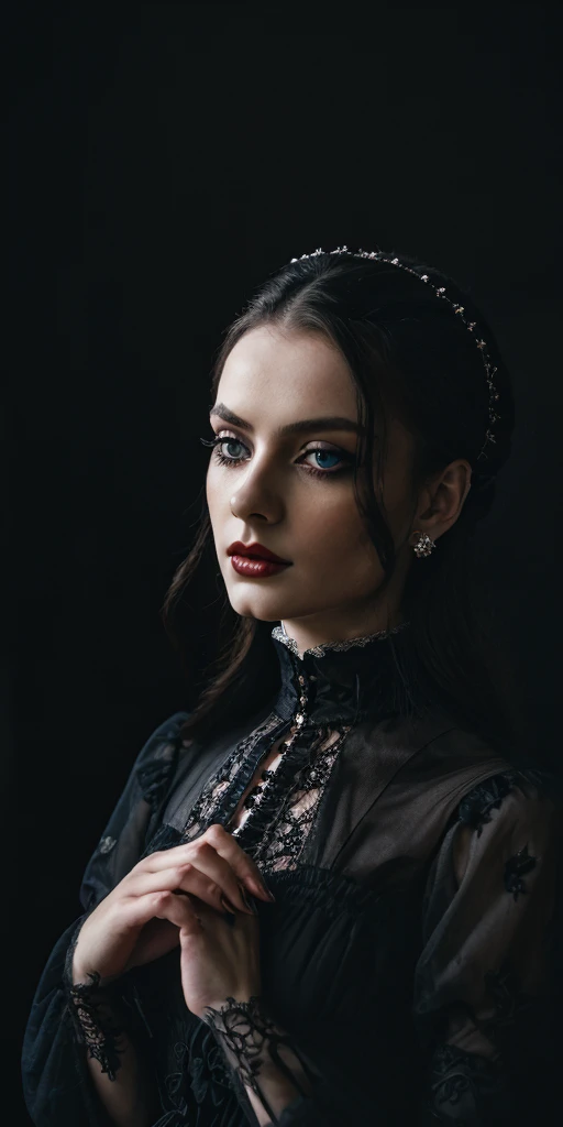 a gothic detailed portrait of Lady Dimitrescu, extremely detailed and intricate face, piercing eyes, long eyelashes, elegant aristocratic facial features, flawless porcelain skin, regal pose, wearing a long black Victorian dress with lace accents, dark red lips, atmospheric dramatic lighting, highly detailed, cinematic, dramatic, dark, moody, photorealistic