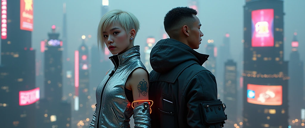 Create an image featuring a bald priest in his late 50s, tall and slim, wearing traditional black priest attire, including a clerical collar. He stands in front of a nightclub, characterized by vibrant neon lights and a bustling urban backdrop. Beside him is a 25-year-old woman who is a hooker. She has long, straight dark hair and is dressed in a provocative and stylish outfit, featuring a short skirt and a low-cut blouse, her blouse has a provocative neckline that highlights her youthful appearance. The scene captures a contrast between the solemnity of the priest and the lively, colorful nightclub setting. Both characters are facing the viewer, with the priest displaying a contemplative expression while the woman smiles subtly, suggesting a complex and intriguing interaction.