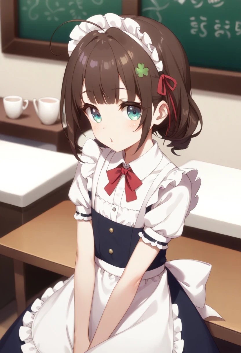  (8k), (  very detailed), (   best illustration  ), Cafe。   maid clothes。. flat chested。。  shorthair 。 review。  big red ribbon barrette。 four-leaf clover on clothes  。adult。Brown Hair。