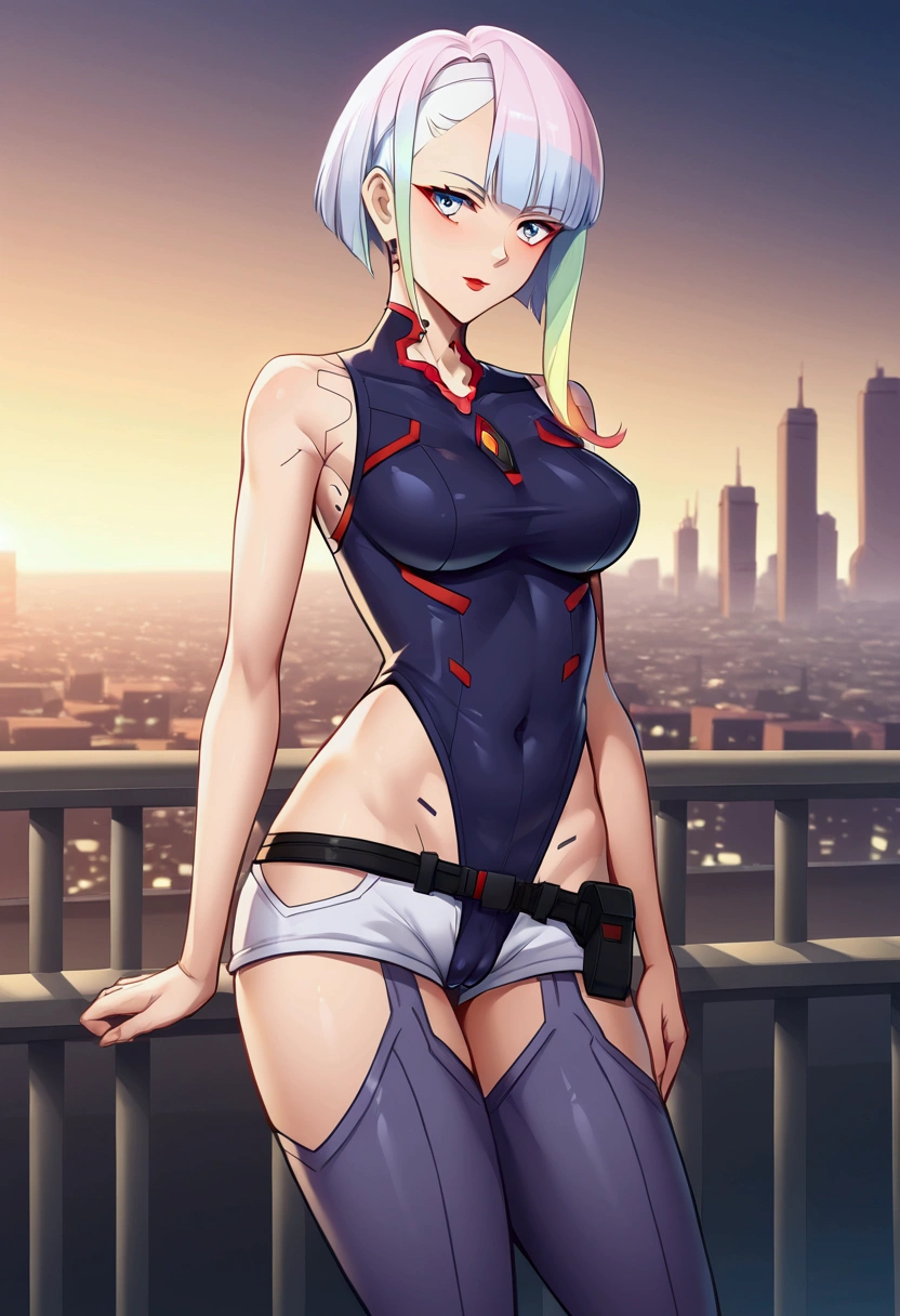 (masterpiece), (best quality), (highres), luc13dg3runn3r, 1girl, multicolored hair, short hair, solo, blue eyes, turtleneck leotard, short shorts, thighhighs, roupas extremamente apertadas, roupas apertando a pele, slightly cameltoe, outdoors, cyberpunk city at night, cidade ilumidade por neons, encostada em uma mureta levemente sentada observando o céu