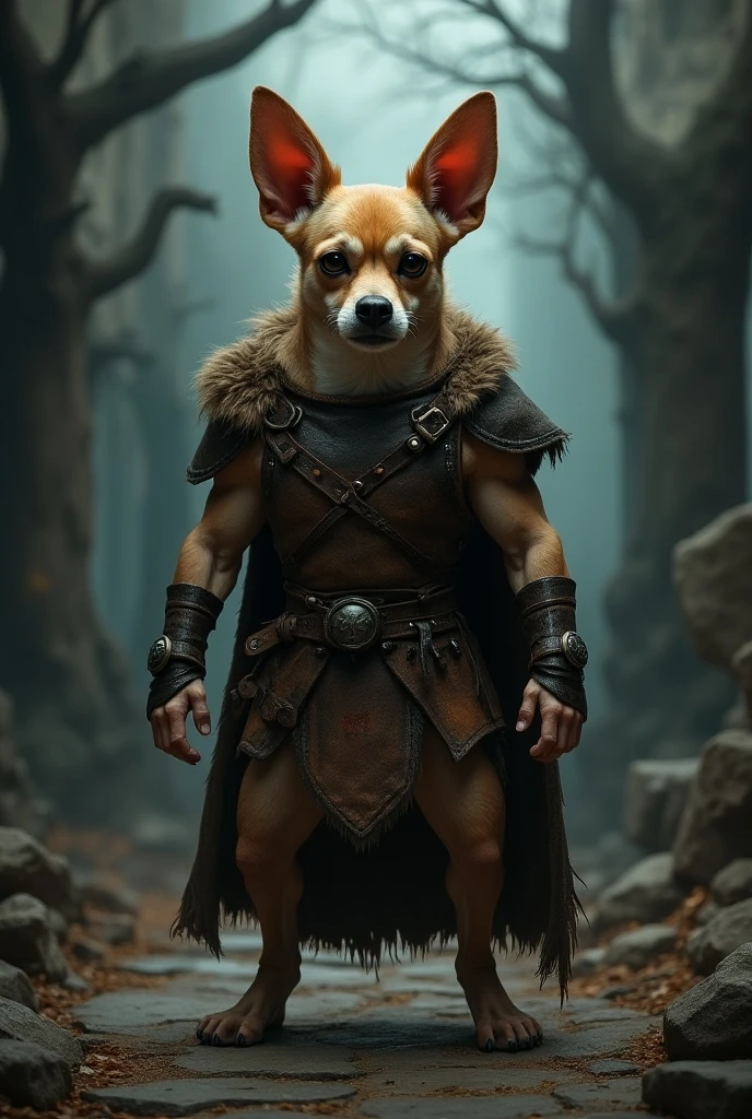 A muscular Chihuahua with a trident 