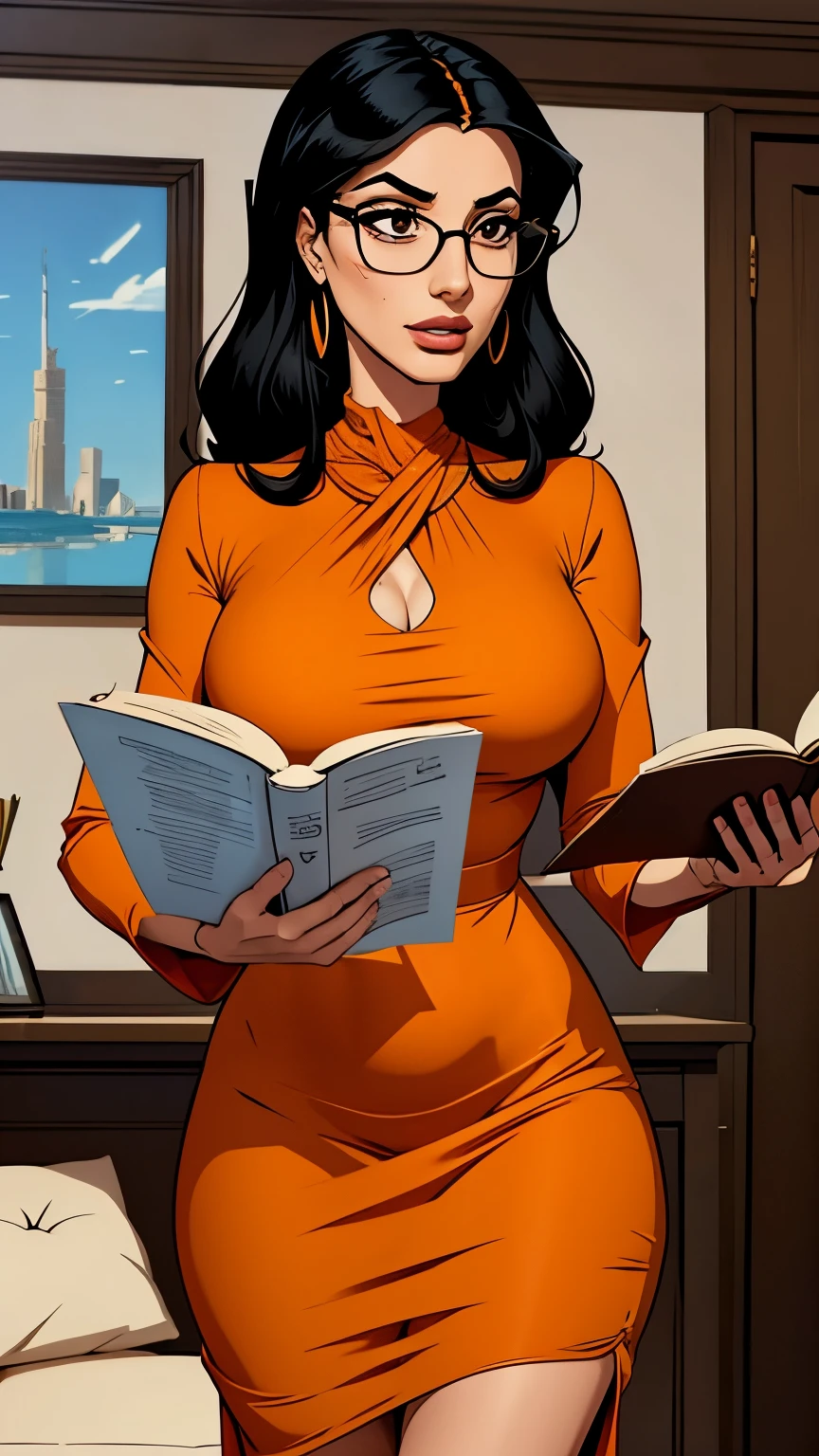 Arab girl deep black hair, long and ironed. reading glasses, a mole on her cheek, she wears an elegant orange dress. Busty. Comic style
