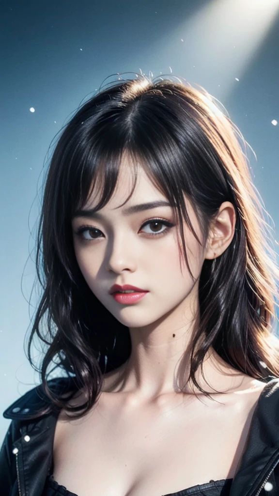 Uma mulher de cabelo preto que usam um haori azul com estrelas brancas e com olhos verdes e sorrindo