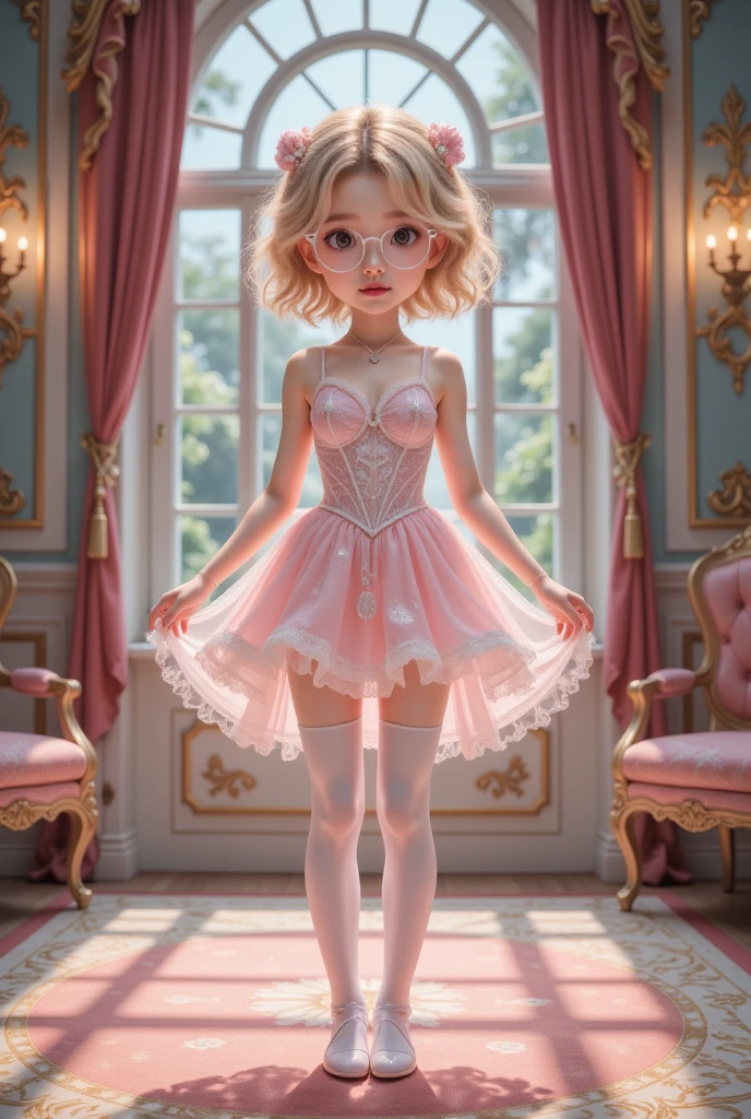 ( Highest Image Quality , masterpiece:1.2), ( ultra HD illustration ), ( very cute little princess:1.3　****), ( 1 girl at home:1.2),  alone ,( Disdainful Look:1.3), sleeveless, Show Armpits, ( gorgeous queen dress :1.3), whole body,  round baby face , (Wearing glasses, Blonde short hair), ( white thigh high pantyhose :1.2), (Smile), (Average face), (Little ghost smile ),   luxurious palace room , Deluxe Room,  role-playing game , Beautiful legs,