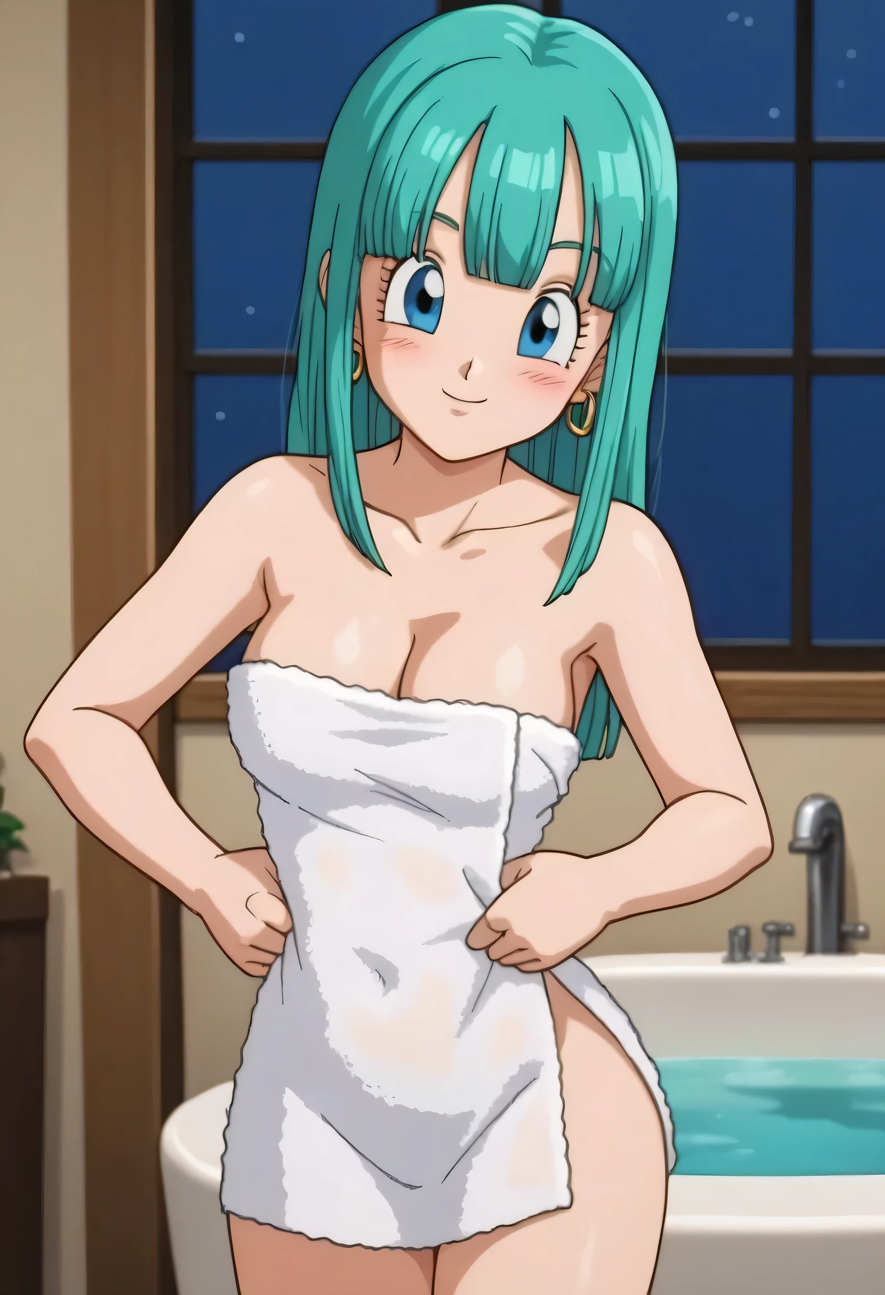 masterpiece, photoreal, high definition, slim waist, long legs, wet skin, huge ass, huge breasts, masterpiece, best quality, absurdres, perfect anatomy, 1girl, solo, lum, (1990s \(style\), green hair, long hair, smile,  maid outfit, white thigh highs, on bed, covered in cum, wet skin, cum drip, bukkake, breast milk, cum on face, cum on tits, open mouth