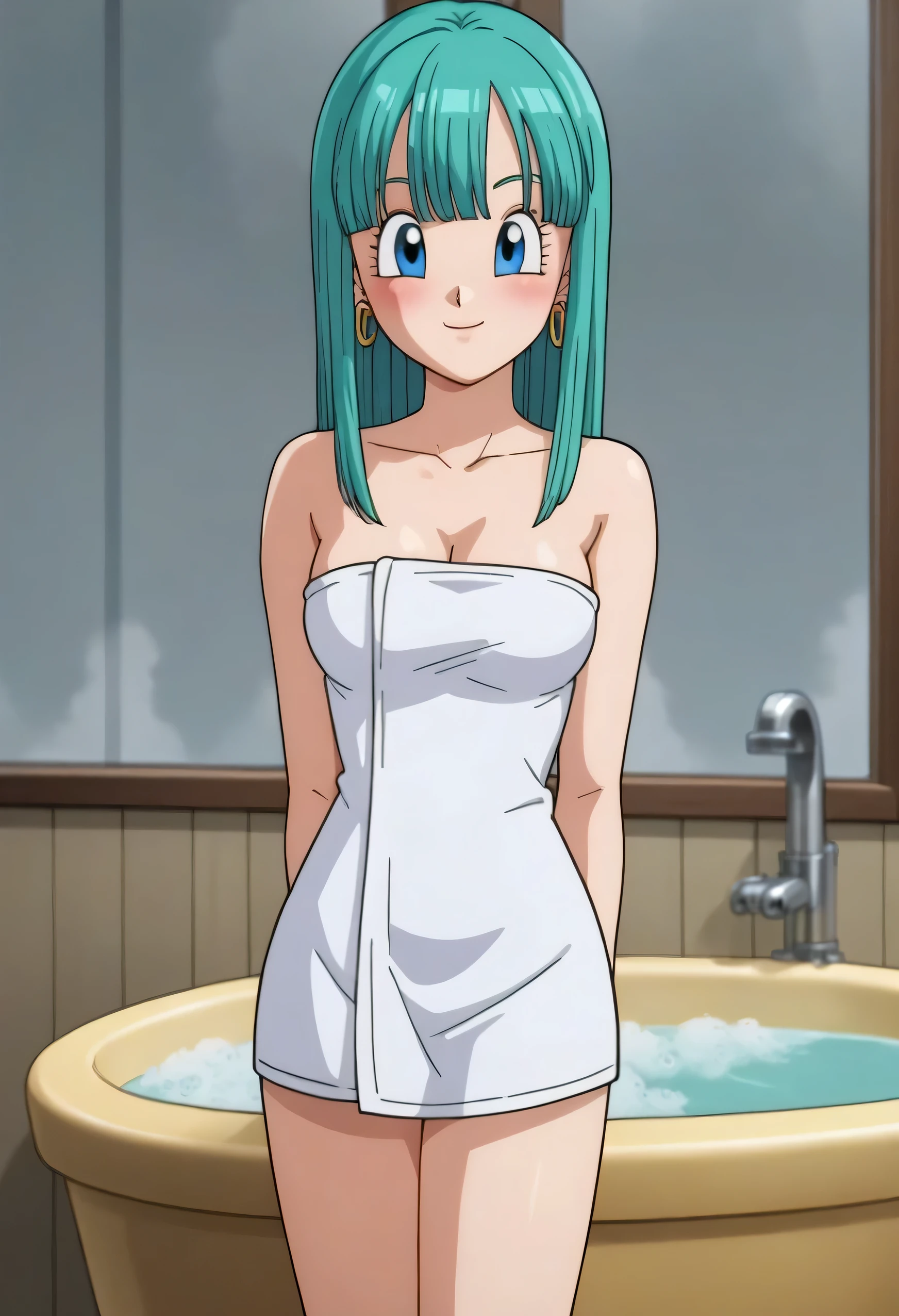 source_anime, score_9, score_8_up, score_7_up, anime screencap, bulla, long hair, straight hair, aqua hair, blue eyes, breasts, looking at viewer, blush, smile, red hairband, closed mouth, bangs, bare shoulders, 1girl, solo, bare shoulders, a seductive smile, getting out of the bath tub with soap and bubbles, standing up and covering in a bath towel, looking at viewer, she has tender and slender body with medium breasts and cleavage, bare shoulders, naked towel, blue towel, cowboy shot, window
