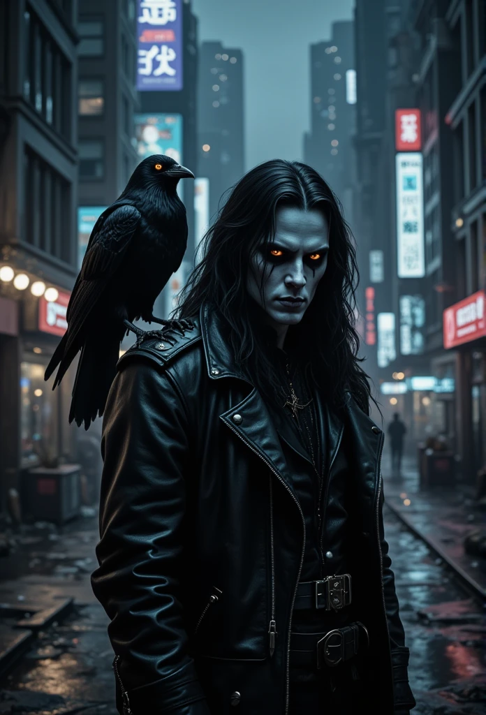 ((masterpiece)) ((photography)) ((Highest quality))  A hyper-detailed cinematic illustration of "The Crow," a gothic character with a pale white face, dark, dramatic makeup, and long flowing black hair. He stands in a dark, modern city at night, illuminated by flickering neon lights and the glow of wet streets reflecting the colors. His leather outfit is sleek and detailed, with subtle gothic elements and metallic accents. A black crow is perched on his shoulder, its sharp eyes glowing faintly, adding to the ominous atmosphere. Skyscrapers and urban decay surround him, with shadows and light creating a moody, cinematic feel. The scene exudes a blend of gothic mystery and modern urban grit.