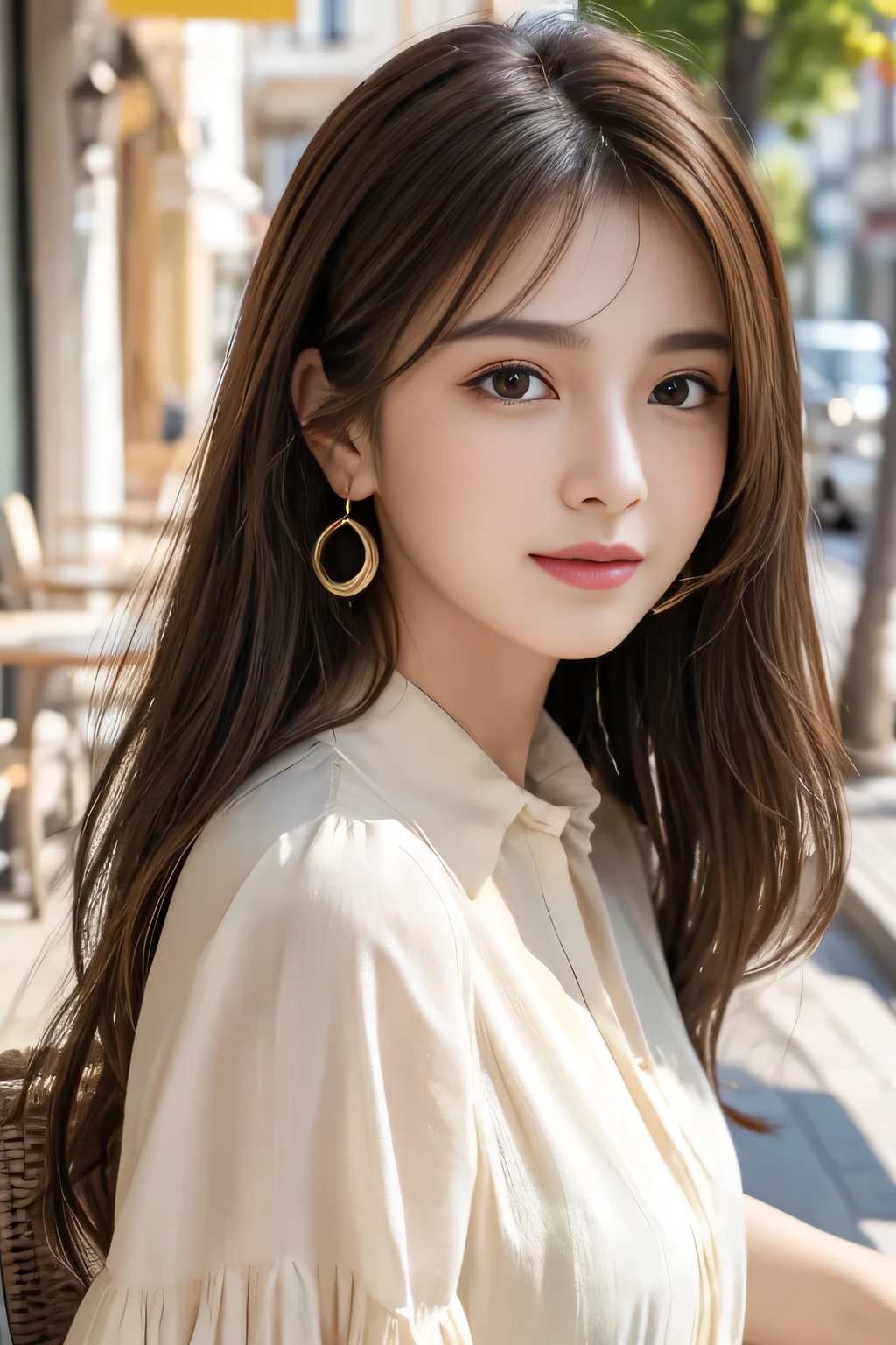 masterpiece、 best quality、Genuine、 very detailed 、Subtle details、 high definition 、8k wallpaper、 Beautiful Women、Wear a nice blouse、 on a nice cafe terrace、noon、Light brown messy hair、 perfect dynamic composition、 beautiful beautiful eyes、nice big earrings、