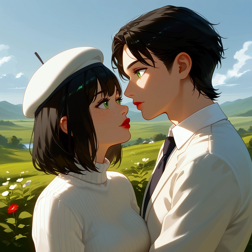 An effeminate boy with freckles on his face , green eyes, red lips and short split black hair, wearing a white sweater with beige and white French beret . The boy is looking to the side , admiring the horizon . Scenery in green colors Nature .