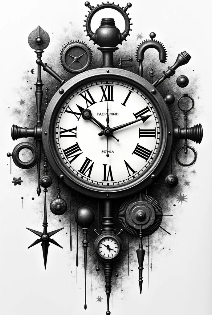  There is a picture of a clock surrounded by various objects, detailed Steampunk illustration,  highly detailed surrealism art ,  Dieselpunk biological life , Etching illustration,  Delicate ink drawing details ,  Detailed Ink Illustration , Steampunk illustration, Exquisite ink painting , Complex biopunk pattern,  Highly detailed illustrations , Black and white illustration,  ink artwork , Ovarian Machinery,  inspired by Santiago Caruso 