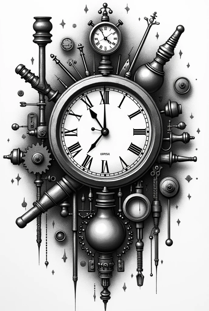  There is a picture of a clock surrounded by various objects, detailed Steampunk illustration,  highly detailed surrealism art ,  Dieselpunk biological life , Etching illustration,  Delicate ink drawing details ,  Detailed Ink Illustration , Steampunk illustration, Exquisite ink painting , Complex biopunk pattern,  Highly detailed illustrations , Black and white illustration,  ink artwork , Ovarian Machinery,  inspired by Santiago Caruso 