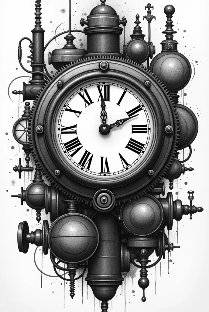  There is a picture of a clock surrounded by various objects, detailed Steampunk illustration,  highly detailed surrealism art ,  Dieselpunk biological life , Etching illustration,  Delicate ink drawing details ,  Detailed Ink Illustration , Steampunk illustration, Exquisite ink painting , Complex biopunk pattern,  Highly detailed illustrations , Black and white illustration,  ink artwork , Ovarian Machinery,  inspired by Santiago Caruso 