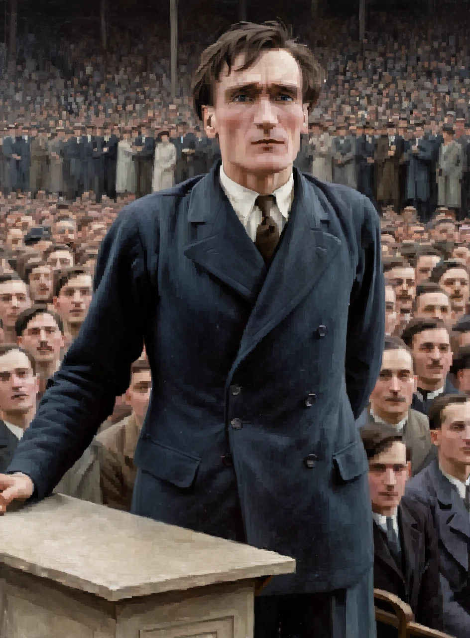 full-length oil painting portrait of artaud giving a speech to a crowd on a podium in 1920s paris, 