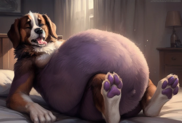 (st. bernard:1.3), dog (brown body:1.3), (brown and purple fur:1.3), blue eyes, detailed fur, male, anthro, shy, 5 fingers, paws, 4 toes, (sketch lines, colored sketch), volumetric lighting, dynamic light, full body, intricate details, absurd res, 8k, the best quality, the best resolution, masterpiece, beautiful composition, absurd res, needy eyes, submissive, excited, laying submissively, (three quarter view:1.3), panting, longing gaze, mouth open tongue out belching in pleasure, {(on bed), (large round belly), (paws on belly), (paw shaped bulges on belly), (feet on bed), (looking at viewer)} ((beautiful) eyes: 1.1), (detailed eyes: 1.1), (detailed), good anatomy, detailed face, (by Kenket), by Ross Tran, by Michael & Inessa Garmash, by Pino Daeni, by Kiguri, by Alena Aenami, by Ruan Jia {(on bed), (viewer looking into mouth), (close-up of mouth), (looking at viewer)}, (wide open mouth), (tons of spit and drool), (can see in mouth), (can see back of throat), (mouth focus) {(on bed), (viewer looking into mouth), (looking at viewer)}, (wide open mouth), (by by cutesexyrobutts, by darkgem, by zackary911, (by by singafurian, by daftpatriot, sassy, detailed face, handsome, face, detailed mouth, stroking belly, nsfw, show off, close up, big belly, bulging belly, squirming belly, vore, belching, bulging belly, squirming belly, vore, belching, bulging belly, (((vore))), (hyper belly), obese, chubby body, protuberance of a face on the belly, scream of help, vore belly, big belly, high quality, male vore, vore, big belly,high quality, high resolution, 4K, burping, belly bulge,eyes closed, horny expression, massive belly, extremely large belly, belly effects, vore, belly bulges, burp, gripping belly, foot focus,soles,purple pawpads