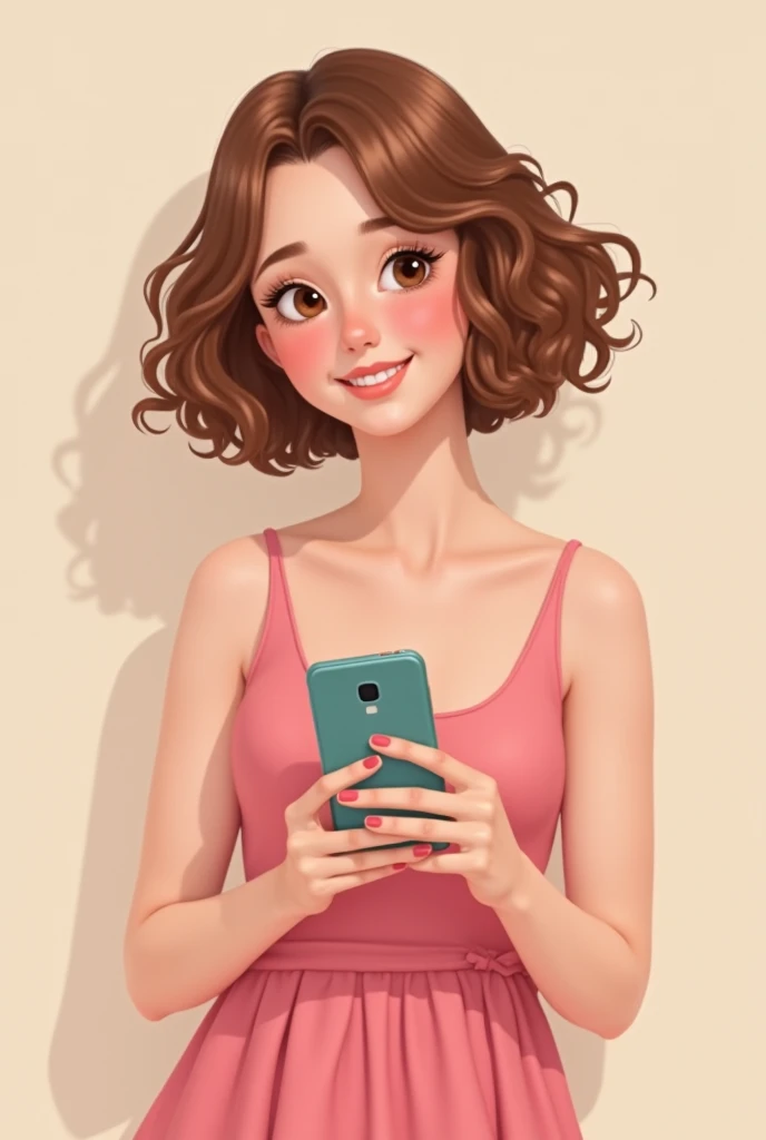 cartoon woman with brown hair and pink dress holding a celular, she is holding a Smartphone, checking her celular, verificando o telefone dela, cell shaded adult animation, goddess verificando o telefone dela, hold up Smartphone, holding a very advance phone, tirando uma selfie, bottom angle, Smartphone, cell shaded cartoon, investigadora feminina, celular, cartoon illustration