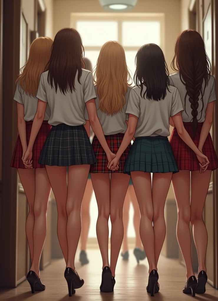 (masterpiece), (best quality), (ultra-detailed), (full body shot), seductive pose, (view from behind), (((3girls))), ((locker room)), ((different hair color)), (different hair style), leaning forward, undressing, (half naked), lingerie, (((small breasts))), (slipping nipple), (nipples), breast out, ((skirt lift)), ((no panties)), (((spread ass))), (showing anus), ((grab her ass)), stockings, spread legs, ((high heels)), sensual pose, detailed scenery, dynamic angle, mischievous smile, indoor