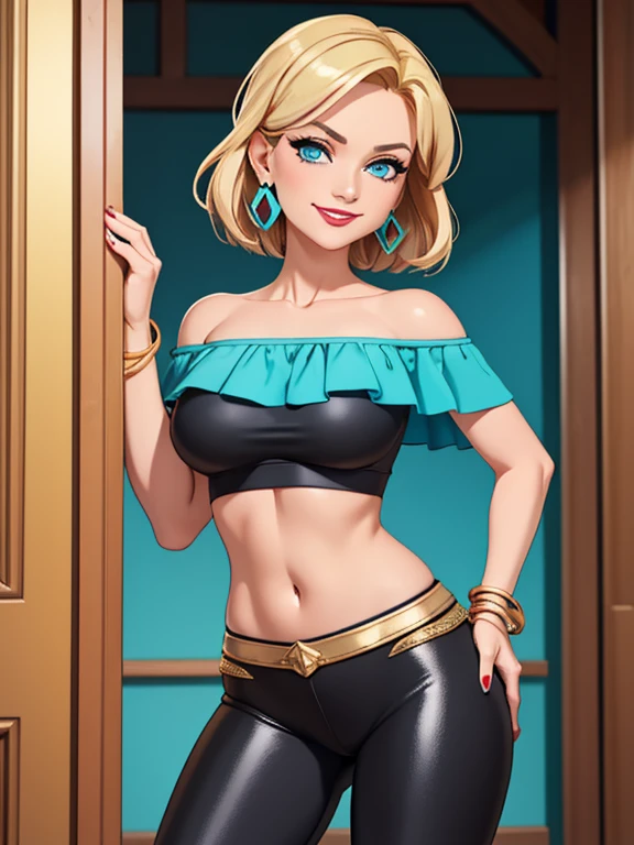 (masterpiece:1.2), best quality, high resolution, unity 8k wallpaper, (illustration:0.8), 1girl, solo, 48-year-old woman, short blonde hair, blue eyes, milf, mature female, mascara, eyeshadow, red lipstick, grinning, sultry, sultry face, wrinkles around the face, she's standing, (Wearing: Turquoise off shoulder top, shiny black leggings, turquoise earrings, golden bracelets)
