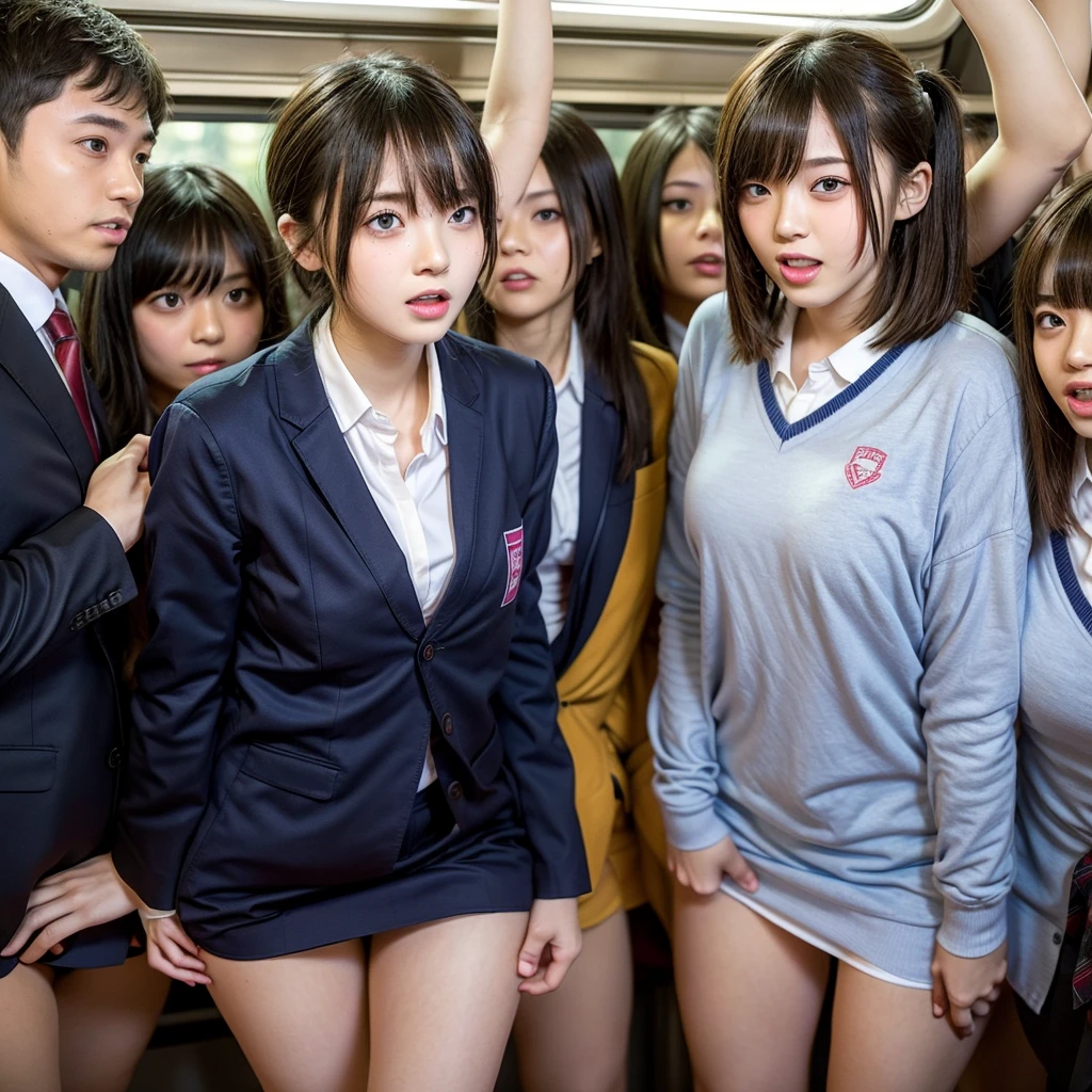 (RAW photo:1.2), (realistic), beautiful detailed girl, very detailed eyes and face, beautiful and fine eyes, huge file size, High resolution, very detailed, highest quality, [table top:1.6], figure, very detailed, small details, highest quality, 8k wallpaper, movie lighting,Multiple 15-year-old junior high school girls, crowded train, Crowded with junior high school girls in their underwear, Crammed, All in underwear, uniform shirt is torn, white bra is visible, The skirt of the uniform is torn, White panties are visible, embarrassed look, Because I&#39;m slender, young face, , immature body, in the train, Exposed underwear