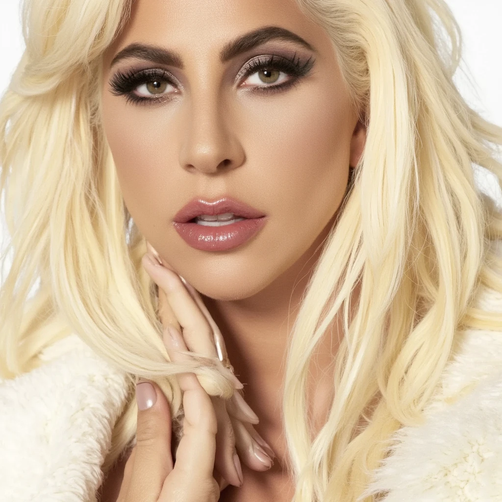 A close-up portrait of Lady Gaga, styled in a sophisticated yet glamorous fashion, featuring voluminous blonde curls, dramatic, yet natural eye makeup, and soft, rosy-nude lips; she's wearing a white, fluffy fur coat.  Render the image with a studio lighting setup using a 100mm macro lens that prioritizes detail in skin texture and precise, careful rendering of hair strands; emphasize a warm, slightly golden-toned color grading with a slight vignette effect; use an impactful, slightly low-angle perspective to enhance Gaga's strong facial features; simulate a soft-focus effect, capturing a smooth, velvety touch in the fur texture of her coat, emphasizing a slightly high-key look, using 10 stop f-stop and studio lighting with soft shadows.