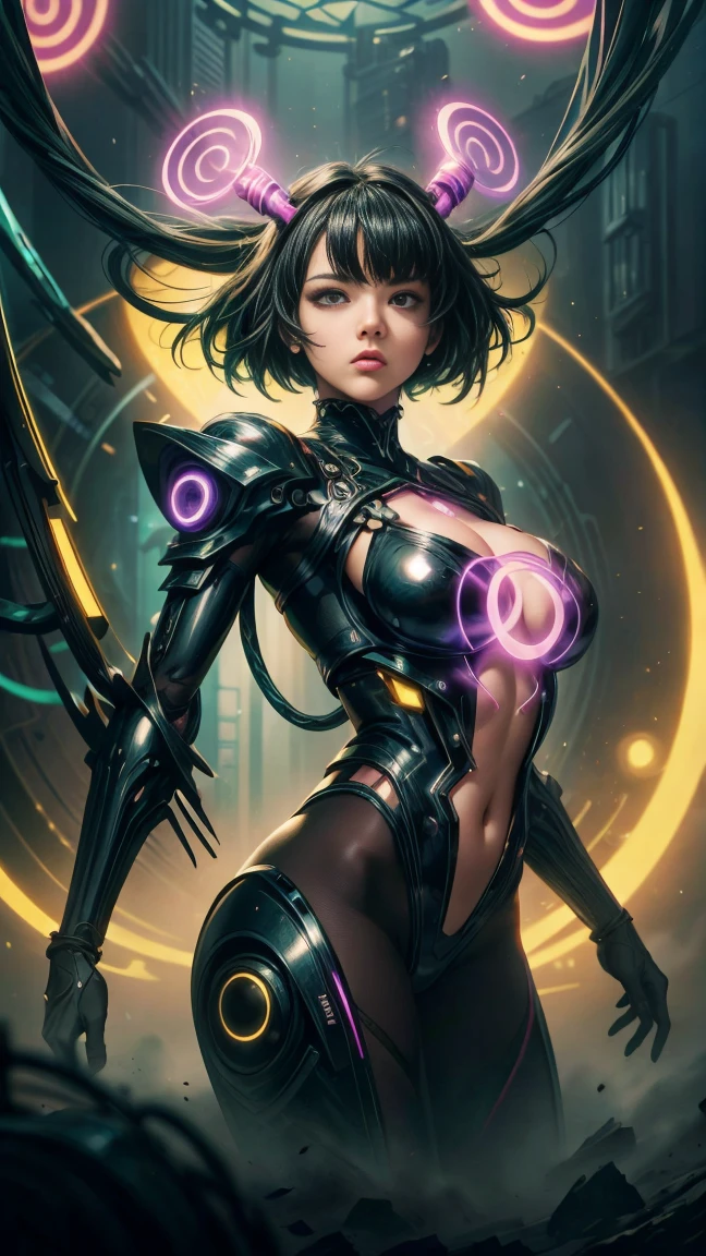 "In the masterpiece created by Roxana Días, the highest quality and an ultra-detailed level of detail are combined in a captivating visual symphony. The colors are masterfully intertwined, forming a unique harmony. The wheels fit like gears in a complex mechanism, with shades of deep blue and vibrant orange that contrast in a perfect fusion.

 Every part of the artwork has been meticulously crafted, achieving ultra-high resolution and stunning realism in 8k quality.  Shades of violet and yellow bring every detail to life, adding depth and sophistication.

 At the heart of the composition is a humanoid robot, captured in a dynamic pose that exudes energy and vitality.  His presence is accentuated by the shades of blue and orange that surround him.  This extremely delicate mech features a glowing dark red LED part across its entire body, creating an intriguing contrast to the surrounding colors.

 The background of the work is a high-tech stage that emits a futuristic ring light in shades of blue and purple, immersing the viewer in a world of science fiction.  This environment evokes the intermediate style of Marek Okon in 1.3 pieces, balancing elements of Mooncryptowow and a psychedelic touch.  An enigmatic halo surrounds the central figure in orange and yellow colors, adding a mysterious aura.

 The artistic creation is supported by the National Science Foundation and reflects contemporary elements, such as "Milf," using a rich and diverse color palette.

 Notable features include exquisite softness in details, a mysterious flare at the chest, and a suggestive slit at the waist.  These elements are balanced by a short skirt split at the bottom, enriched with colors that blend in seamless coexistence, leaving a lasting impression on every observer."