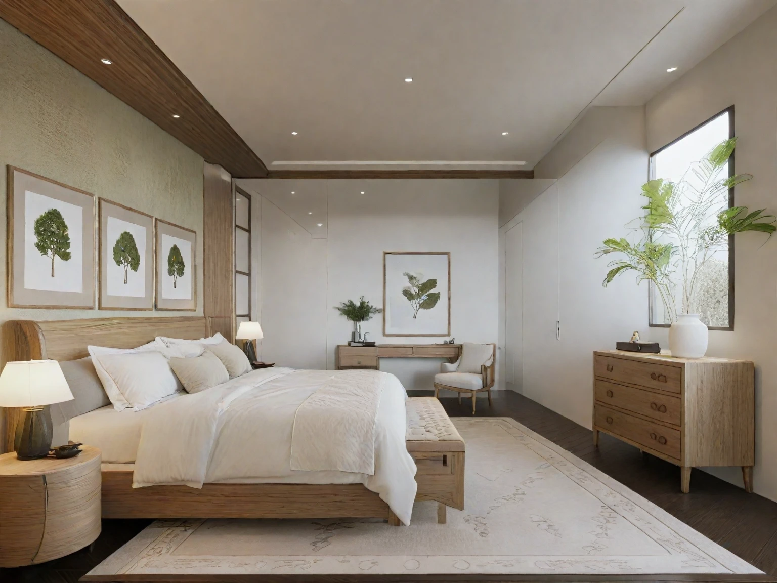 WASABI STYLE, (bedROOM : 1.5), RAW photo,Masterpiece, high quality, best quality, authentic, super detail, interior,white wall, Neutral color for furniture,natural wooden texture, japandi style, Realistic reflexes,realistic light , vray, tree in room