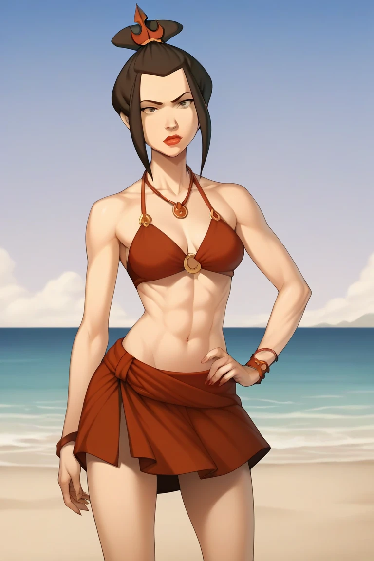  masterpiece,  Best quality, 1 girl, Azula, make-up, pronounced cleavage ,  large neckline , defined abdomen, (bikini )(mini skirt),  lipstick ,loose hair,  looking at the viewer ,  sexy and beautiful legs,  sexy pose,  Simple background,  on the beach at night  