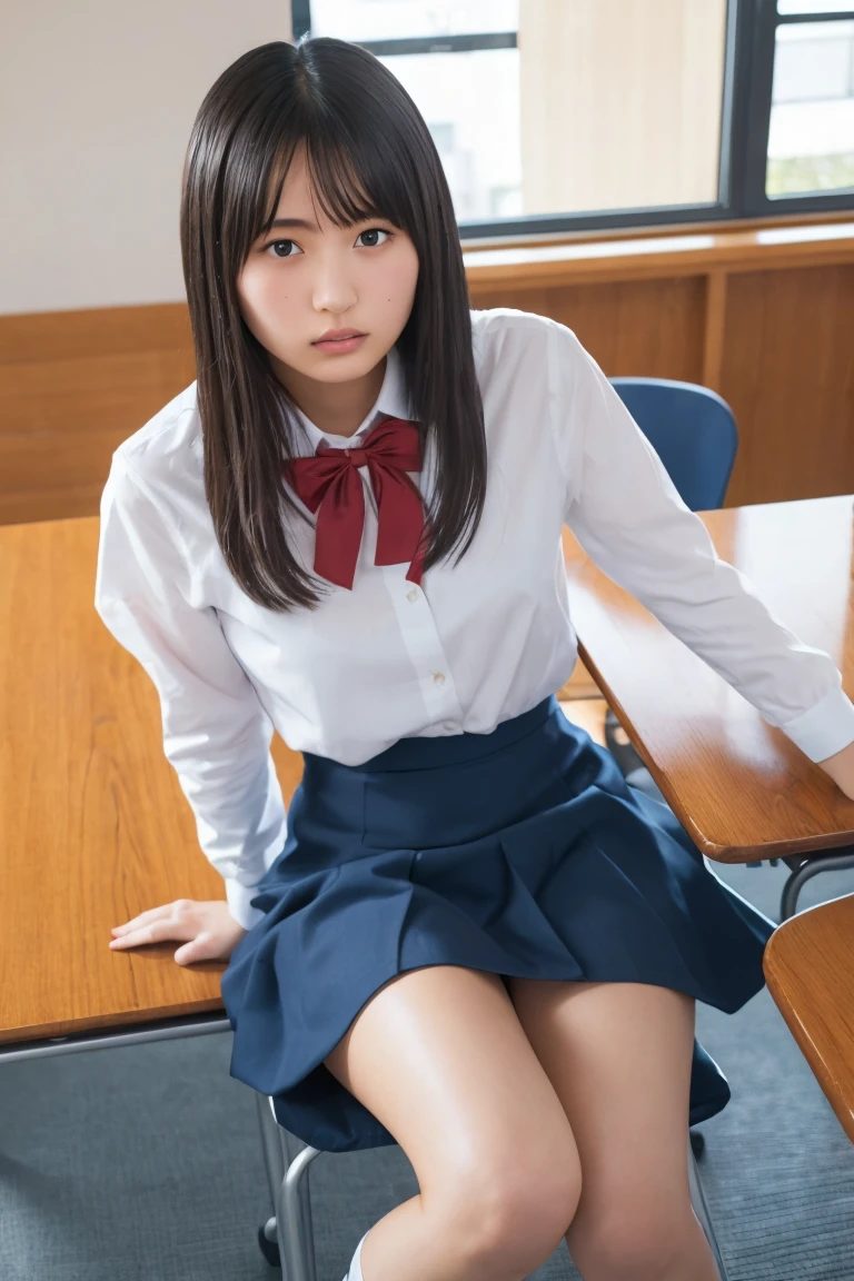  best quality, ultra high resolution,,1 Japanese 18-year-old high school girl,whole body, black hair,A serious expression, stare at the camera, beautiful and elaborate face, fine and beautiful skin, skin texture,long sleeve high school uniform,ribbon, smaller breasts, navy skirt that puts your butt on the ground, After School Classroom, sitting at a desk ,autumn