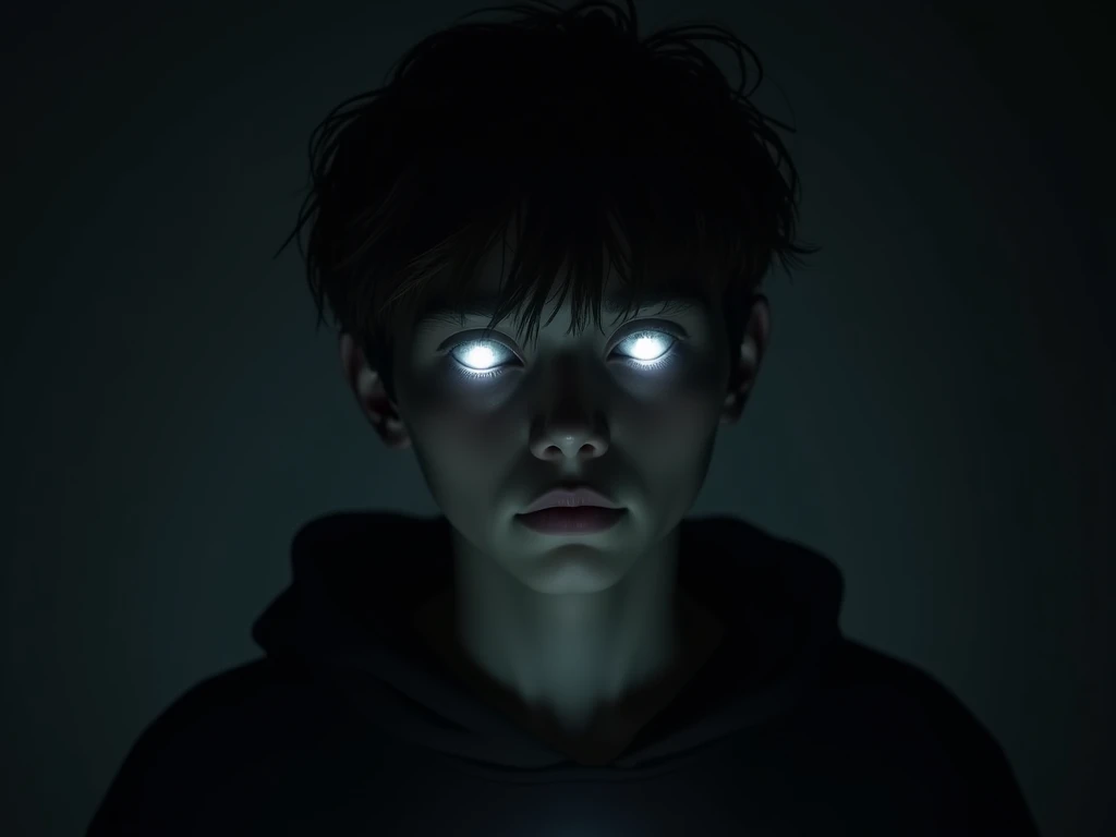 Teenage boy with white eyes 