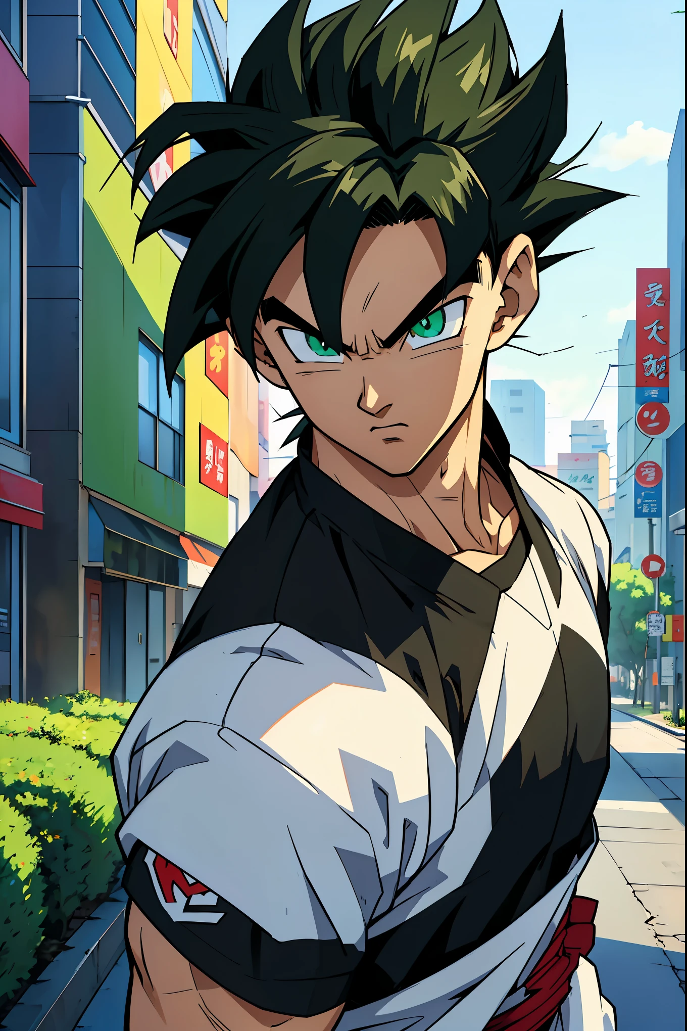 ((anime style art)), , He is a  teenager, very white skin, He has slightly disheveled black hair, light green eyes, , muscular body, Dragon Ball anime art style, sexy face, He is dressed in male anime clothes, , 8k, high quality, masterpiece, In the middle of the city, bright green eyes  