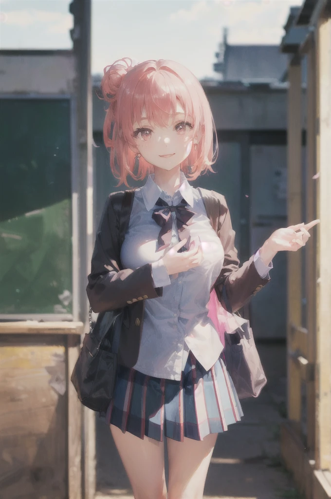 art by Cornflower, dreamy,
((masterpiece, best quality:1.4), looking at viewer, cowboy shot, smile, classroom, yui yuigahama, pink hair, short hair, side hair bun, pink eyes, medium breasts, school uniform, blazer, black blazer, white shirt, red ribbon, plaid skirt, outdoors, street, blurry_background )  