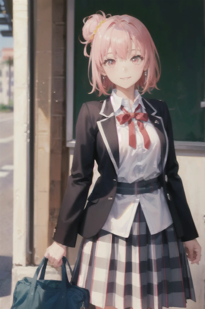 art by Cornflower, dreamy,
((masterpiece, best quality:1.4), looking at viewer, cowboy shot, smile, classroom, yui yuigahama, pink hair, short hair, side hair bun, pink eyes, medium breasts, school uniform, blazer, black blazer, white shirt, red ribbon, plaid skirt, outdoors, street, blurry_background )  