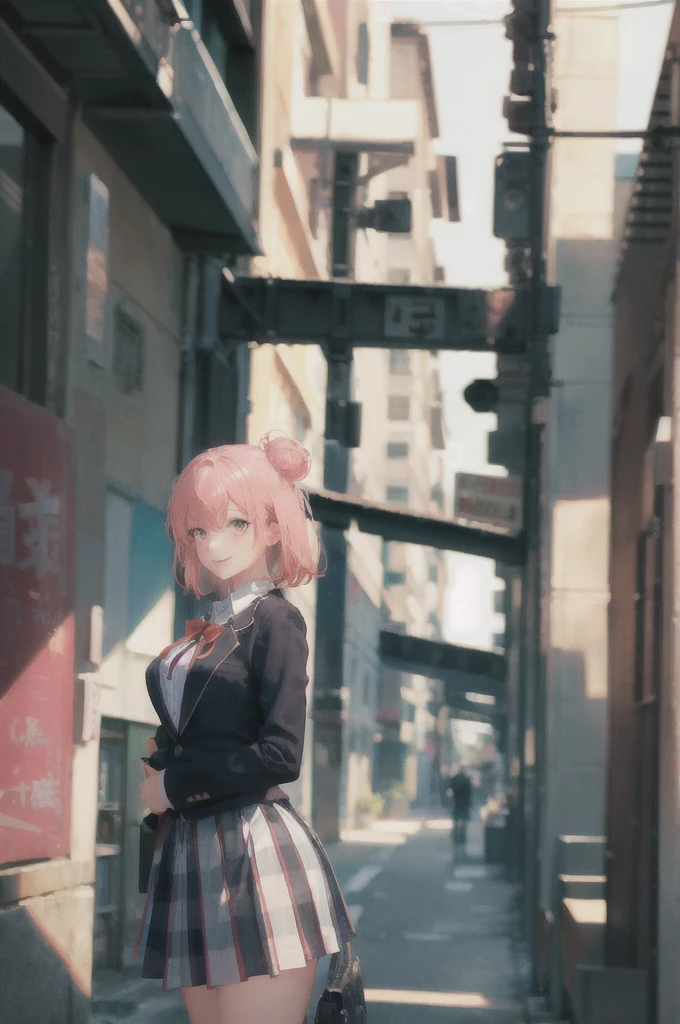 art by Cornflower, dreamy,
((masterpiece, best quality:1.4), looking at viewer, cowboy shot, smile, classroom, yui yuigahama, pink hair, short hair, side hair bun, pink eyes, medium breasts, school uniform, blazer, black blazer, white shirt, red ribbon, plaid skirt, outdoors, street, blurry_background )  