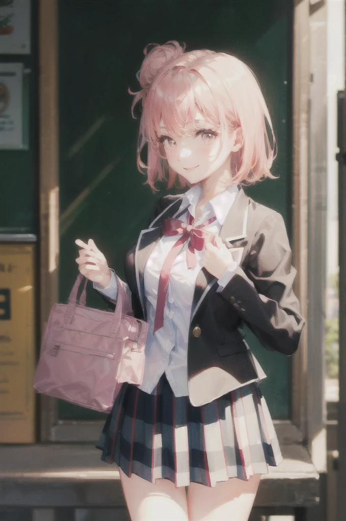 art by Cornflower, dreamy,
((masterpiece, best quality:1.4), looking at viewer, cowboy shot, smile, classroom, yui yuigahama, pink hair, short hair, side hair bun, pink eyes, medium breasts, school uniform, blazer, black blazer, white shirt, red ribbon, plaid skirt, outdoors, street, blurry_background )  