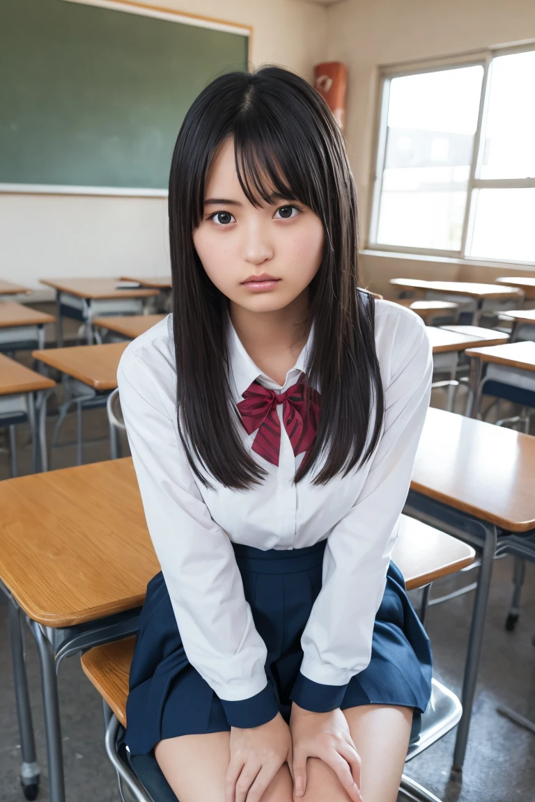  best quality, ultra high resolution,,1 Japanese 18-year-old high school girl,whole body, black hair,A serious expression, stare at the camera, beautiful and elaborate face, fine and beautiful skin, skin texture,long sleeve high school uniform,ribbon, smaller breasts, navy skirt that puts your butt on the ground, After School Classroom, sitting at a desk ,autumn