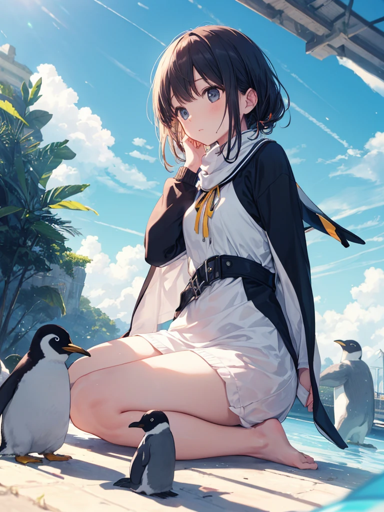 Woman in a penguin costume(Looking up、blush、Random knee angle、Black Hair、Red scarf、Yellow headphones)