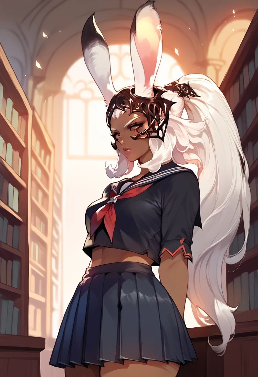 score_9, score_8_up, score_7_up, source_anime BREAK 1girl, solo, ff12fran, viera, rabbit ears, dark skin, white hair, long hair, helmet, black serafuku, neckkerchief, pleated skirt, library