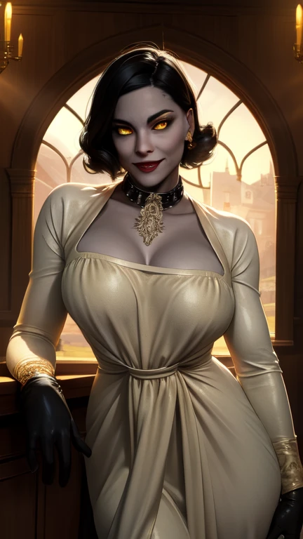 Alcina,yellow eyes,black hair,short hair,
white dress with flower, single earring,cleavage, black gloves, veiny,
upper body, standing, cowboy shot, curvy, leaning forward,
looking at viewer,smile,
castle,indoors,night, desk,
(insanely detailed, beautiful detailed face, beautiful detailed eyes, masterpiece, best quality),solo,