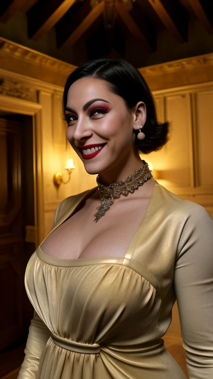 Alcina, yellow eyes , black hair , short hair,
white dress with flower,tem,single earring,neckline,collar,black gloves,
stem,brooch,
 looking at the viewer ,smile,
castle, inside the house ,night,
( hip hop style,  beautiful detailed face ,  beautiful detailed eyes ,  artwork,  best quality ),Alone,