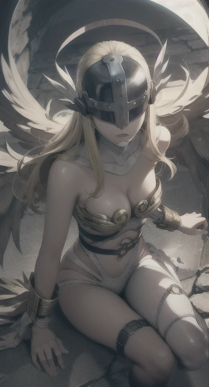 Ancient castle , Helmet, covered eyes, wings, halo, long blonde hair, angel, model, looking at viewer, POV, Summoning chamber,