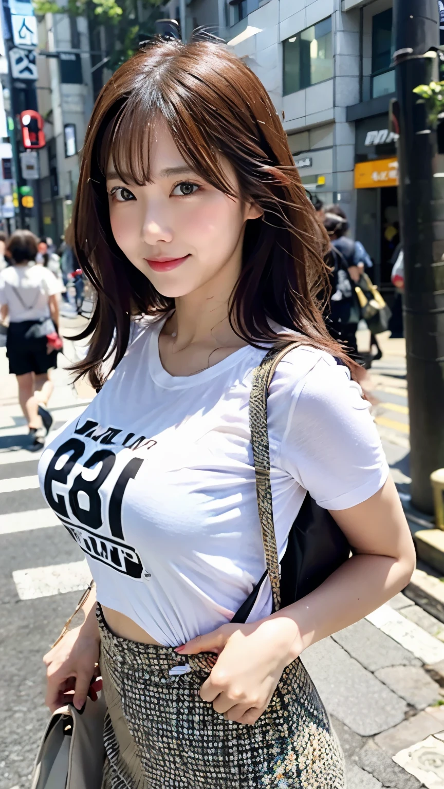 Top quality, one beautiful woman, huge breasts,T-shirt,age 30,35mm lens, f/1, tokyo street,Walking figure facing front,