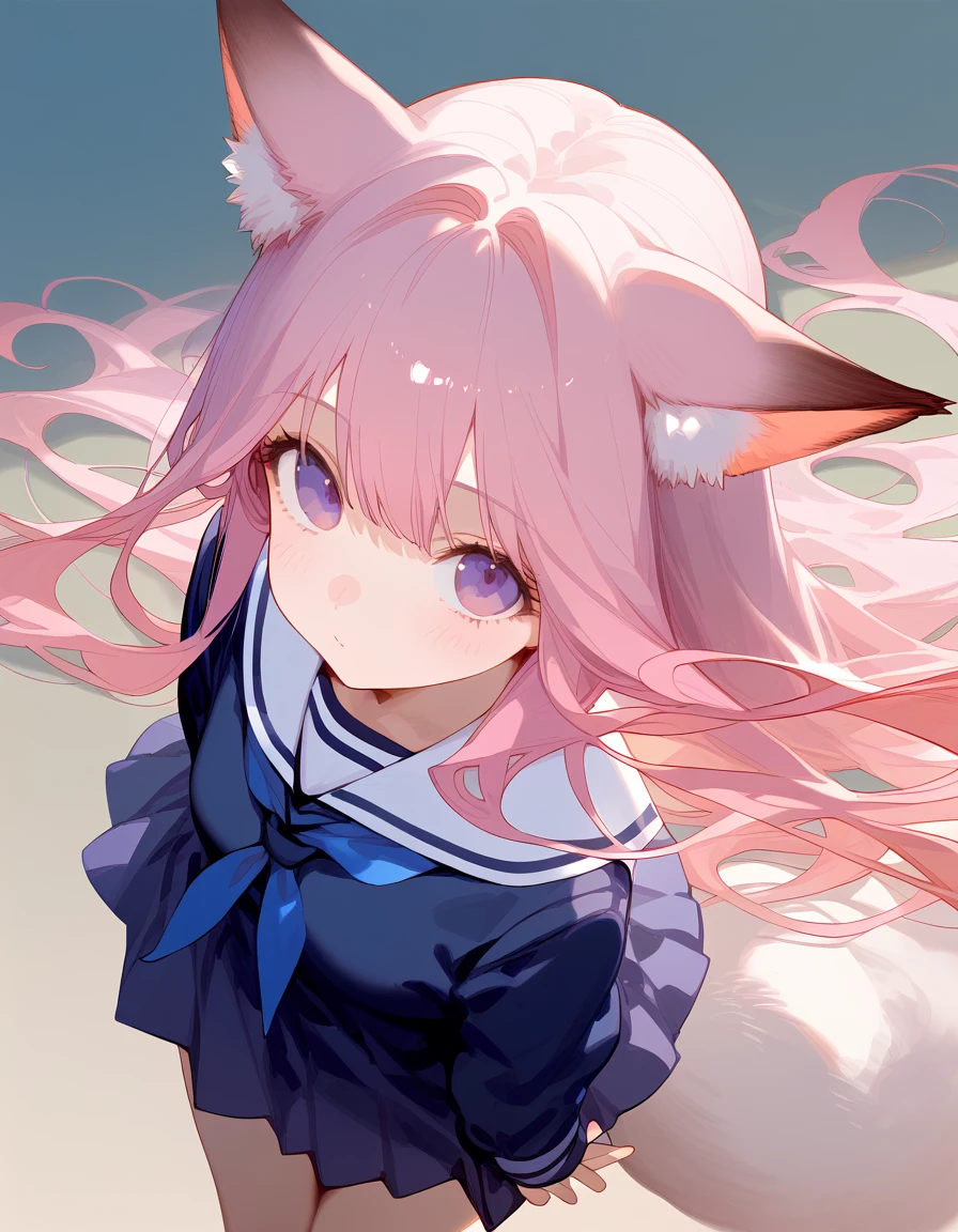 Beautiful anime girl, long pink hair, messy hair, long hair, purple eyes, fox ears, long bangs, fox tail, beautiful, ethereal, fair skin, (school uniform: 1.2), ultra detailed. score_9, score_8_above, score_7_above, looking at viewer, posing. +((☺️)) slight blush. Cute