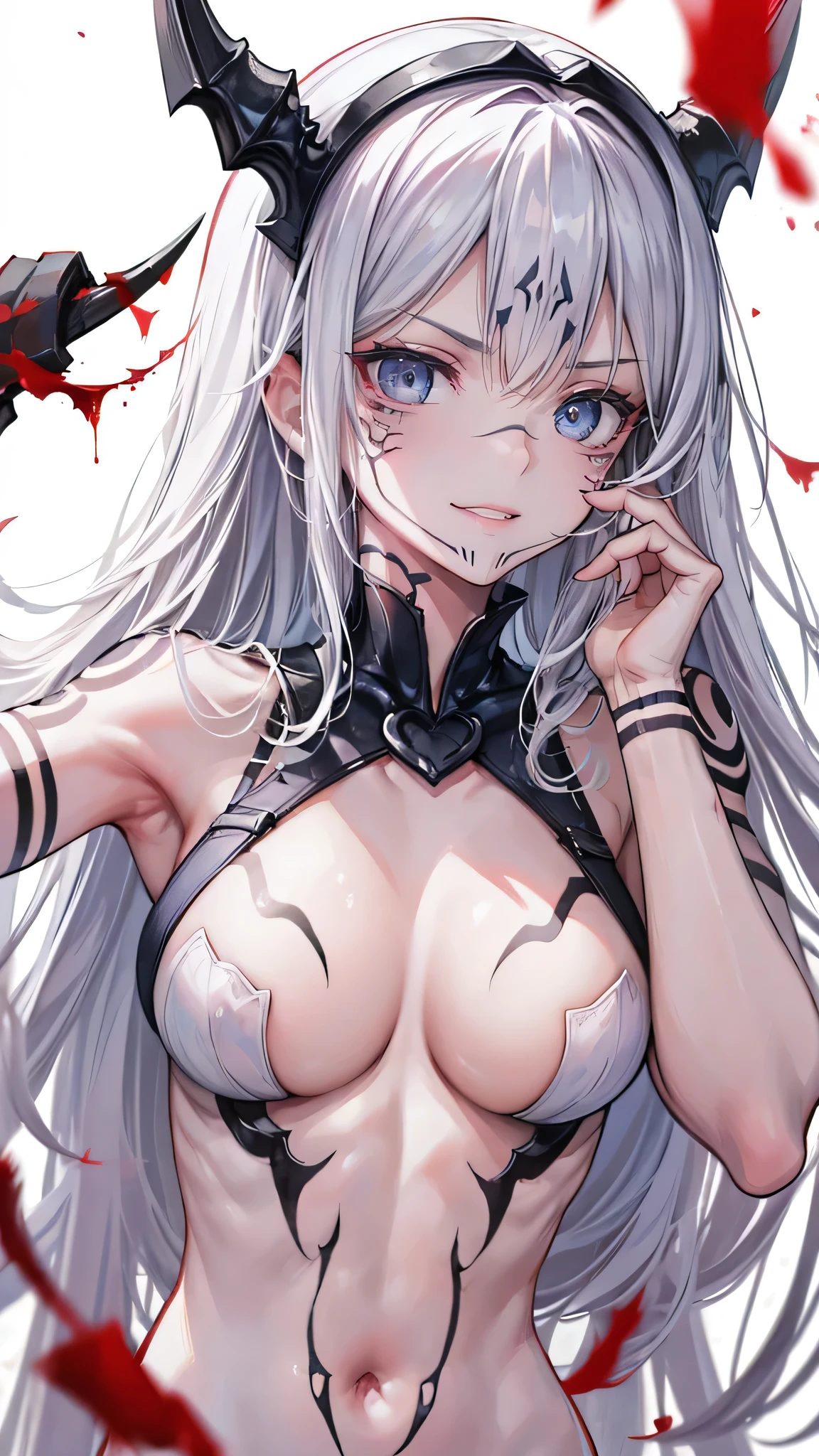 (masterpiece, best quality:1.2), upper body, solo, 1girl, sukuna tattoo, evil grin, looking at viewer, hand on own face, long hair, white hair, blue eyes, extra eyes, v-shaped eyebrows, nudity, thin straps  top, blood stain on top, long white  top hydrated lips, , white background, caustics , big breast, healthy body,  blood on  top , 