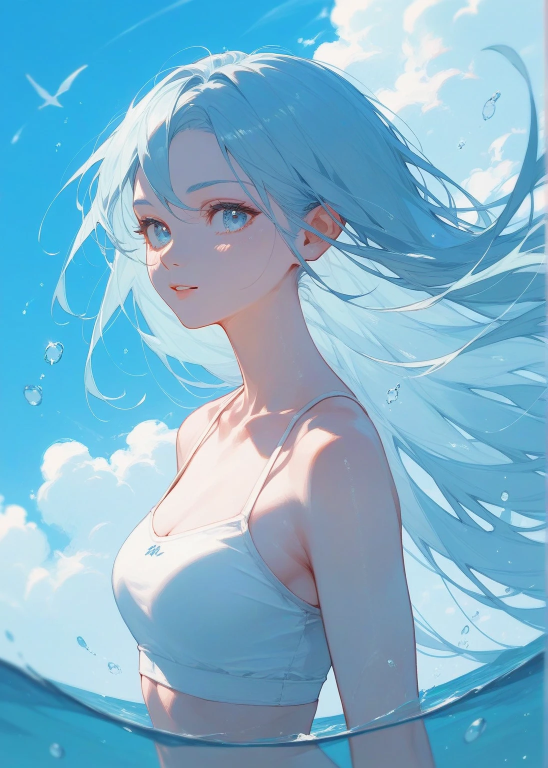 upper body of goddess of azure flowers, blue eyes, long light blue hair, (naked), (front view:1.3), blue petals flying in he wind, sunshine