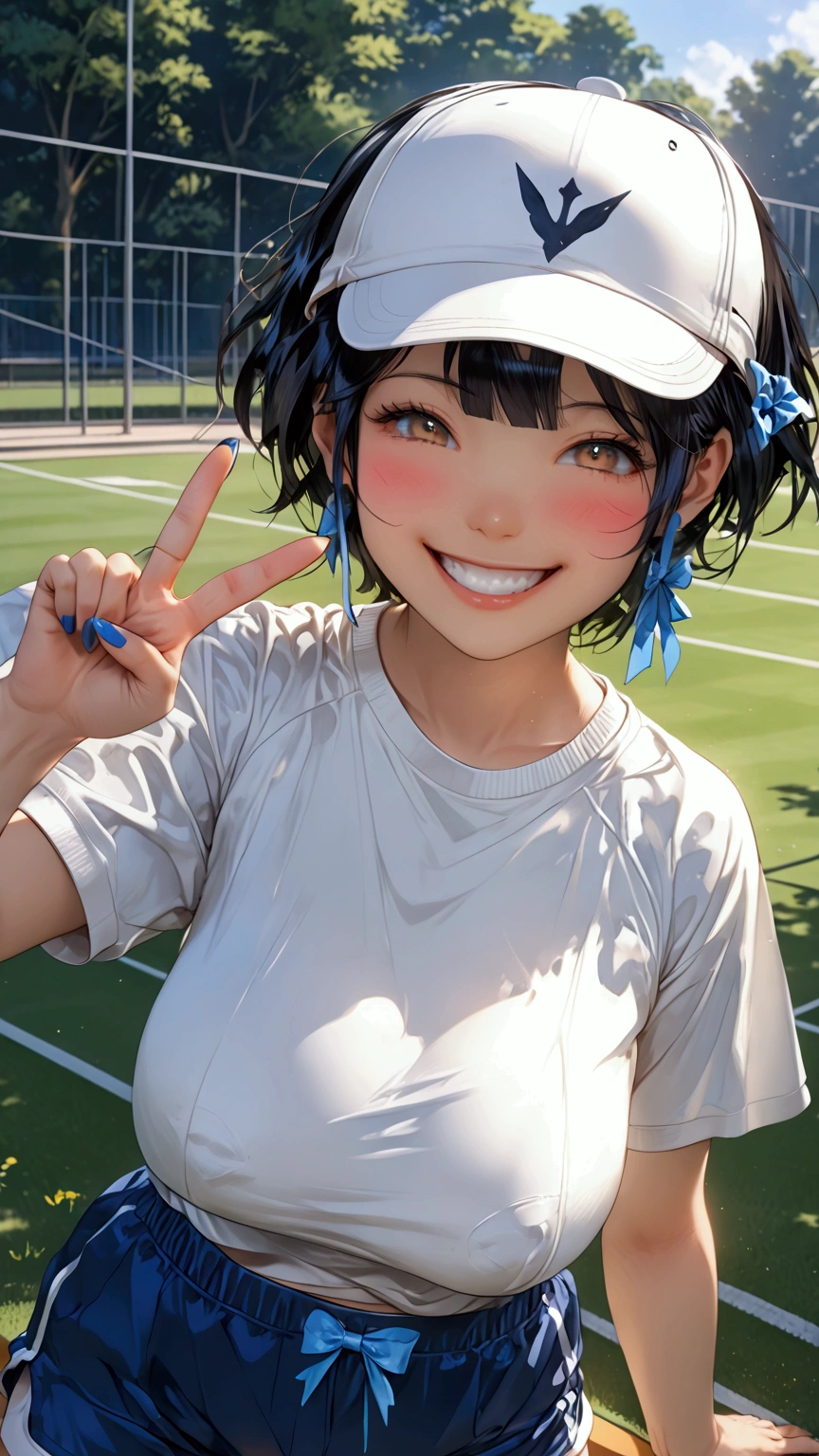 (((s))),((( is short)))、((( toddler figure )))、((( black hair)))、((( shorthair )))、((( Had)))、(((White gym clothes)))、((( navy blue bloomers)))、((((White cap)))、(((smile)))、(((grin,White 歯)))、(((Eye rolling))),(((Bow-legged)))、(((V sign)))、((( Sports Fields)))、「 best quality、masterpiece、  Non-Faced Illustrations 、 very delicate and beautiful 、 very detailed、CG、8k wallpaper、 amazing、 Sex、masterpiece、最高の究極の芸術 very detailed CG Unity 8k wallpaper」、(Gigantic Huge Breast)、(Clear Nipples )