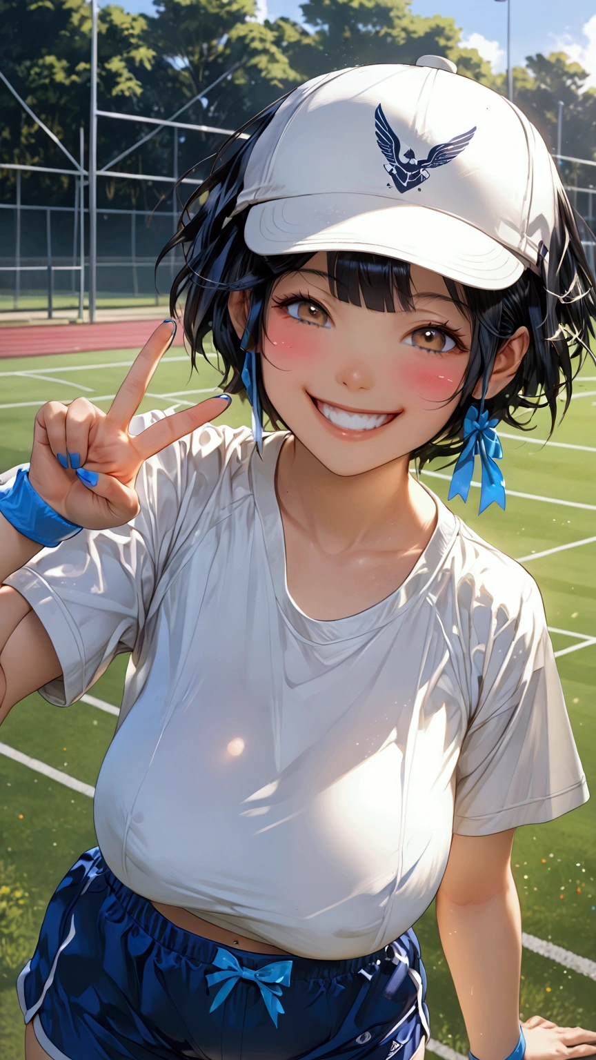 (((s))),((( is short)))、((( toddler figure )))、((( black hair)))、((( shorthair )))、((( Had)))、(((White gym clothes)))、((( navy blue bloomers)))、((((White cap)))、(((smile)))、(((grin,White 歯)))、(((Eye rolling))),(((Bow-legged)))、(((V sign)))、((( Sports Fields)))、「 best quality、masterpiece、  Non-Faced Illustrations 、 very delicate and beautiful 、 very detailed、CG、8k wallpaper、 amazing、 Sex、masterpiece、最高の究極の芸術 very detailed CG Unity 8k wallpaper」、(Gigantic Huge Breast)、(Clear Nipples )