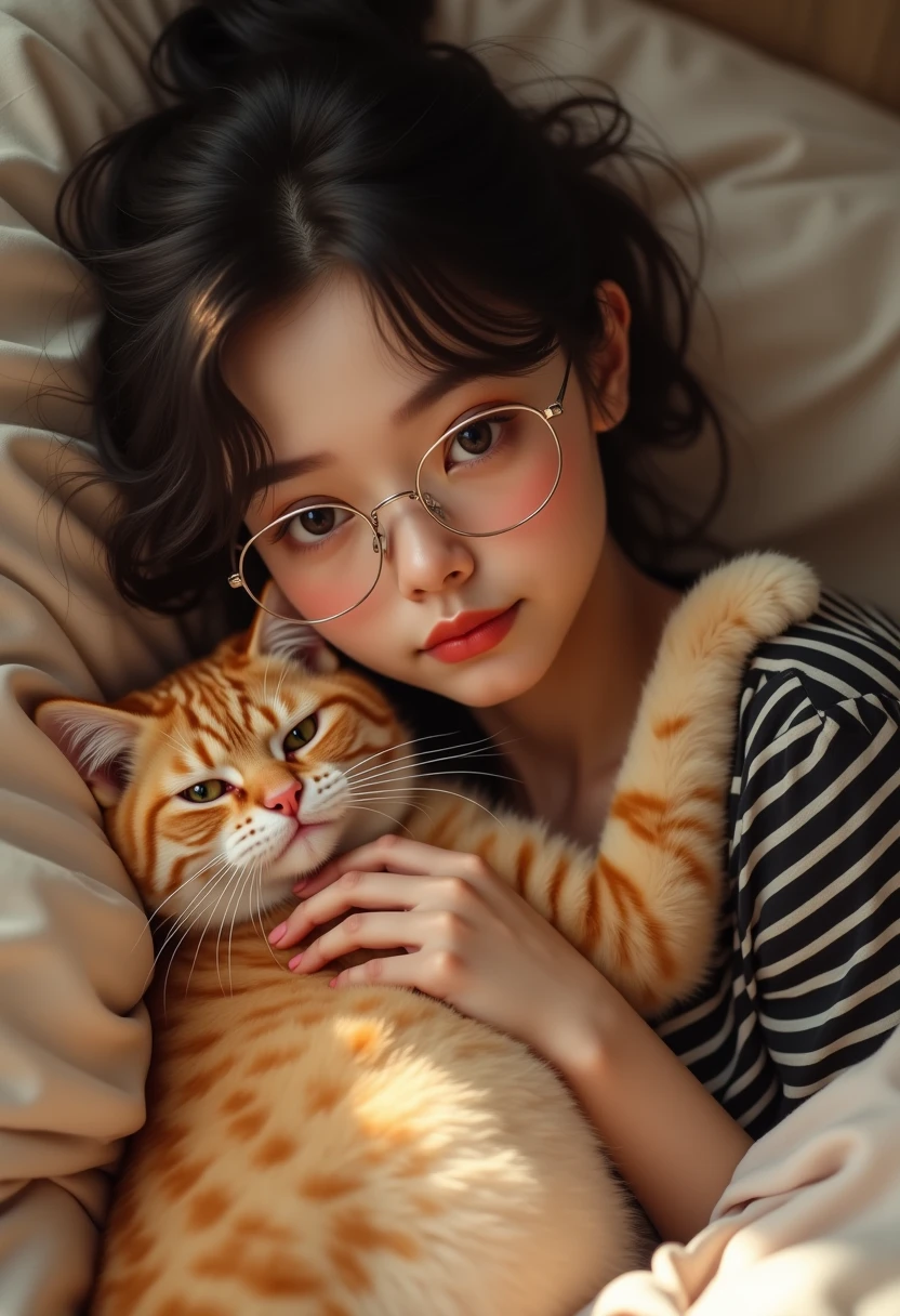 A young woman with delicate facial features and thin, round, silver-framed glasses lies on a bed, cradling a golden British Shorthair cat close to her face. Her expression is slightly pouty, lips shaped and lightly pink, exuding subtle charm. Messy, loose dark hair frames her youthful, effortless beauty. Plush, golden fur with white undercoat and a grumpy yet adorable feline face add humor. Black and white striped shirt contributes to cozy atmosphere. Soft bedding with abstract patterns in muted tones complements warm image. Warm, diffused lighting creates homely intimacy, focusing on the woman and cat in sharp detail, while background fades out of focus. The subjects' connection exudes cuteness, elegance, and endearing pet-human bond.